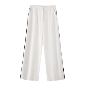 Pantaloni bianchi a vita alta da donna con gamba larga e strisce laterali nere eleganti