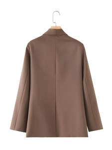 Back view of a professional mocha brown blazer with middle seam on a wooden hanger