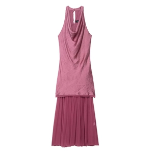Elegant Halter Cowl Neck Pleated Midi Dress For Women Solid Color Patchwork Sleeveless Party Dress Pink Purple Clothing