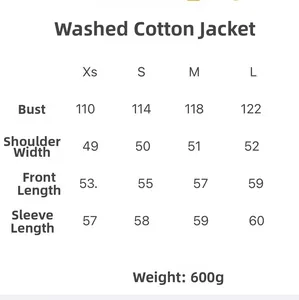 Detailed size chart for washed cotton padded jacket with chest and length measurements