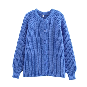 Klassische dunkelblaue Strickjacke für Damen mit Rundhalsausschnitt und Knöpfen