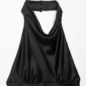 Elegant black satin halter neck top with a draped cowl neck and smooth silk-like finish