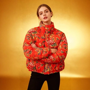 Women's red short puffer jacket with retro floral phoenix print and stand collar
