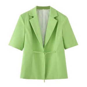 Women Casual Short Sleeve Blazer Jacket Notched Lapel With Waist Belt Solid Color Office Lady Slim Fit Suit Top
