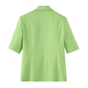 Back view of fruit green short-sleeve blazer with structured tailored seams and lapel