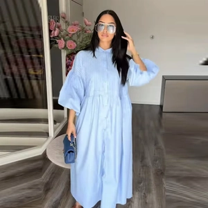 Elegant Women Solid Color Long Sleeve Maxi Dress Puff Lantern Sleeve Button Down Stand Collar Smocked Shirt Dress
