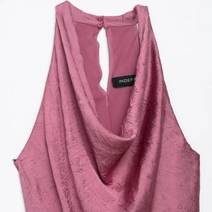 Pink cowl neck midi dress with pleated texture and halter button closure details