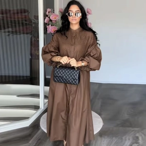 Elegant brown A-line long dress with button-down collar and stylish lantern sleeves