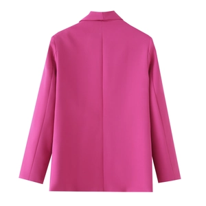 Back view of the rose red long sleeve blazer with shawl lapel and sleek minimalist cut