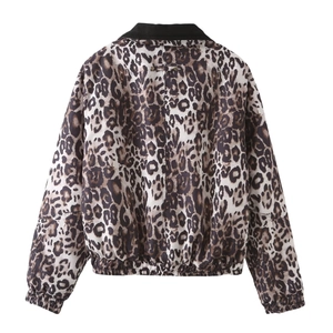 Detailed back view of a leopard print bomber jacket with black ribbed collar and cuffs