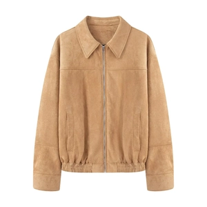 Classic camel faux suede bomber jacket with turn-down collar and zip closure