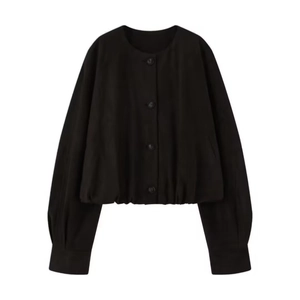 Classic black faux leather flight jacket with round neck and elastic hem for women