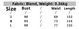 Detailed size chart for minimalist women's long dress with bust and waist dimensions