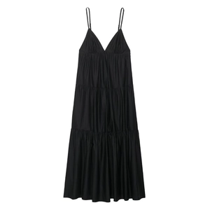 Elegant black spaghetti strap tiered midi dress in cotton blend for a stylish look