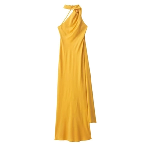 Elegant Satin Halter Neck Backless Maxi Dress With Cutout Waist Ribbon Elegant Party Dress For Women Solid Orange