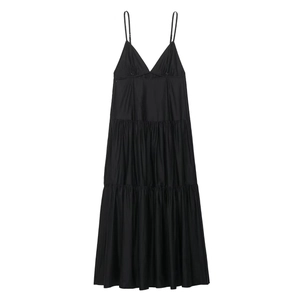 Women's Elegant Black Tiered Midi Dress Spaghetti Strap V Neck Pleated Cotton Blend Summer A-Line Party Dress