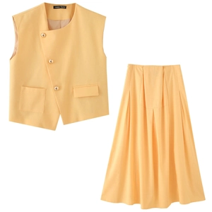 Women Elegant Orange Asymmetric Sleeveless Vest Top And High Waist Pleated Midi Skirt Polyester Office Lady Fashion Outfit