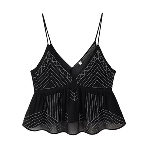 Women Sexy V Neck Beaded Spaghetti Strap Camisole Black Rhinestone Peplum Top Elegant Backless Party Clubwear Tank Top