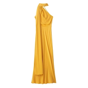 Elegant yellow halter neck maxi dress with satin finish and cutout waist detail