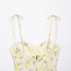 Poplin floral camisole top with yellow flower print, tie straps and back zipper closure