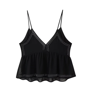 Women's black V-neck camisole with white stud trim and peplum hem on white background