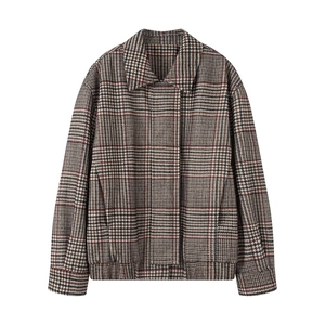 Veste Bomber Femme Vintage Pied-de-Poule à Carreaux Ample Rembourrée Matelassée Manteau Avec Revers Manches Longues Ourlet Nervuré Vêtements d'Extérieur Automne Hiver