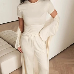 Dames Gebreid Vest Ronde Hals Korte Mouw Top Trekkoord Wijde Pijpen Broek Drie Delige Casual Outfits Zachte Loungewear Elegante Street Style
