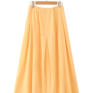 Women's apricot cotton linen skirt with high waist and elegant inverted pleat detail