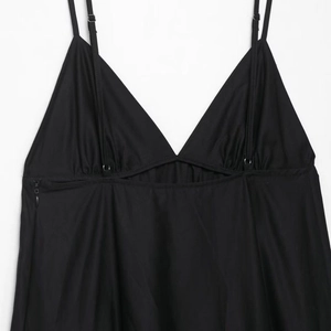 Women's black V-neck midi dress with adjustable spaghetti straps and side hidden zipper