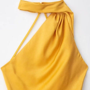 Slim fit bright yellow halter neck maxi dress in premium satin with elegant tie waist