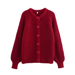 Classic red chunky knit cardigan with vertical ribbed texture and round neckline