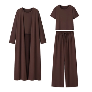 Set 3 pezzi in maglia da donna con cardigan lungo, t-shirt e pantaloni larghi con coulisse