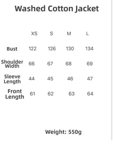 Size chart for washed cotton jacket with measurements for chest, shoulders, and sleeve length