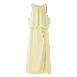 Robe midi jaune clair sans manches avec corsage plissé et fente latérale