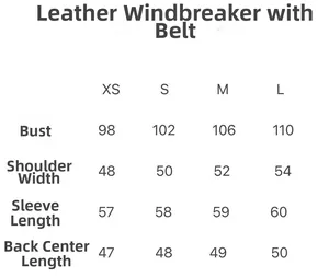 Size chart table for faux leather biker jacket with detailed measurements from XS to L
