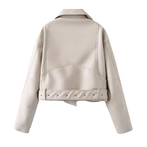 Rear view of beige faux leather biker jacket with adjustable buckled waist belt