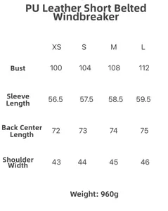 Detailed size chart for short PU leather trench coat showing XS to L measurements in cm