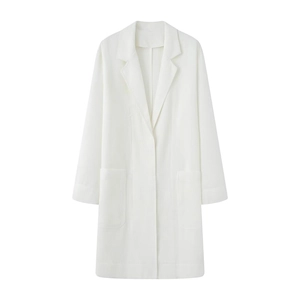 Women Elegant Waffle Texture Trench Coat Lapel Mid Length Loose Jacket With Pockets Solid White Casual Long Sleeve Outerwear Top