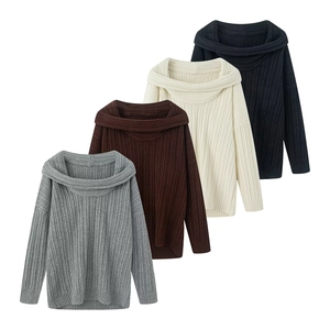 Detailed knit texture of ribbed off-shoulder sweaters in grey, brown, beige, and black