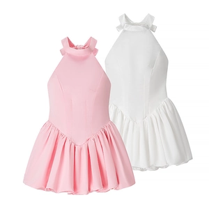 Elegant halter neck puffy mini dress with bow detail in pink and white satin
