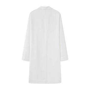 Back view of minimalist white long-sleeved trench coat with structured notched lapels