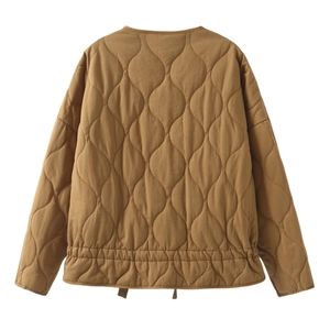 Detail of khaki quilted jacket featuring gourd-shaped stitching and elasticated hemline
