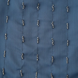 Beaded navy blue camisole top with silver metallic beads in a vertical pattern