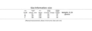 Size chart for solid color quilted cotton jacket including bust and length details
