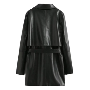Back view of black faux leather trench coat with back storm flap and waist belt detail