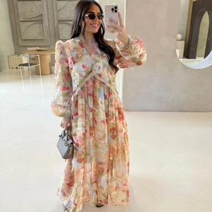 Elegant Floral Print Maxi Dress With V Neck Lace Trim Vintage Pastoral Lantern Long Sleeve Flowy Chiffon Wedding Party Dress