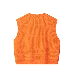 Bright orange knit vest for women with round neck and textured grain fabric