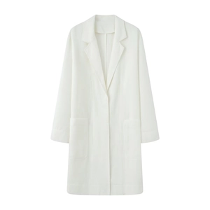 Elegant white mid-length loose blazer coat with classic notched lapels and large pockets