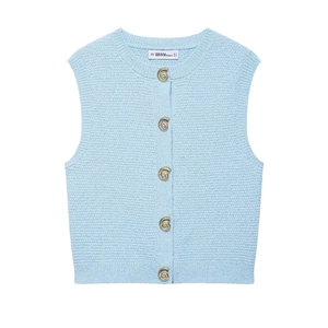 Light blue knit vest top with decorative golden shell-shaped buttons for women
