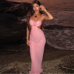 Abito Lungo Elegante Rosa da Donna con Intagli Decorazione Floreale 3D Spalline Sottili Chiffon Estate Spiaggia Vacanza Festa